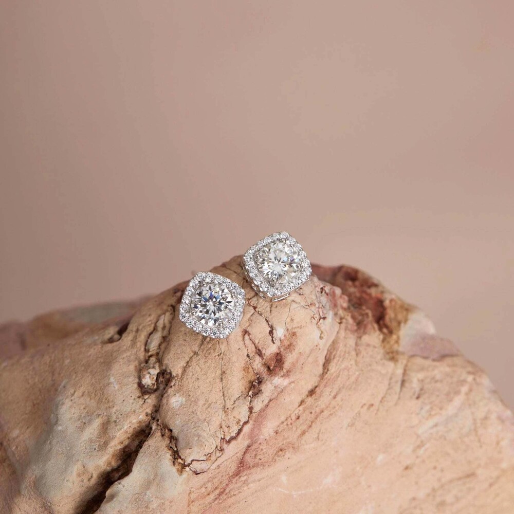 Moissanite Halo Stud Earrings, Sterling Silver - Picture 3 of 5